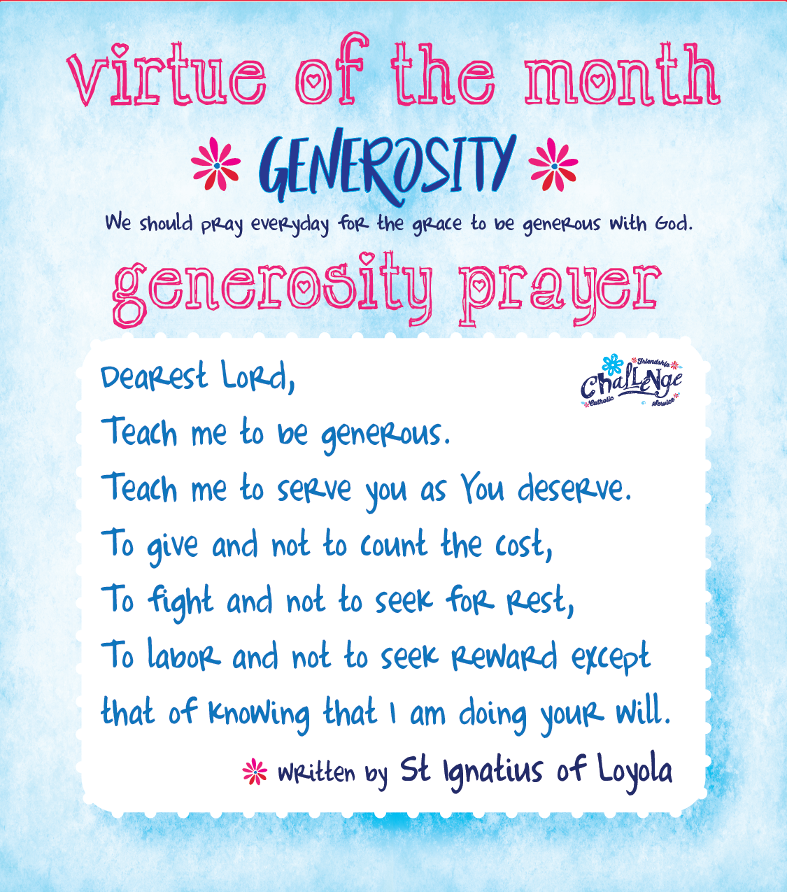 Virtue of the Month for June is Generosity - Challenge